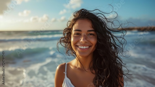 young woman at sea looking at camera. Smiling latin hispanic girl standing at the beach with copy space and looking at camera. Happy mixed race girl in casual outfit with wind in her hair. photo