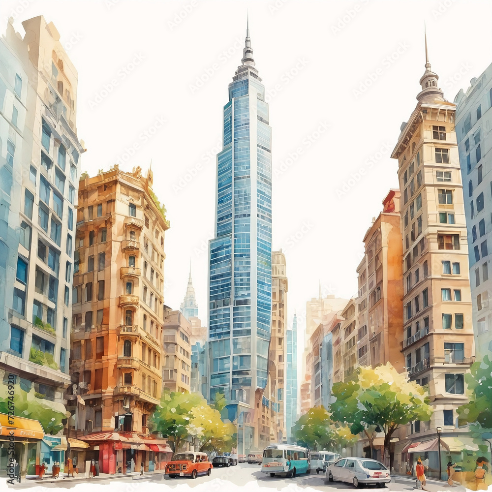 Skyscrapers in modern city colorful pwater color painted image