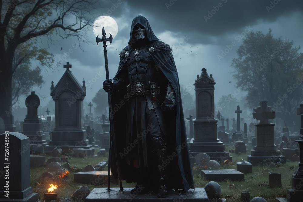 Fototapeta premium Death man warrior in cemeterry at moonlight