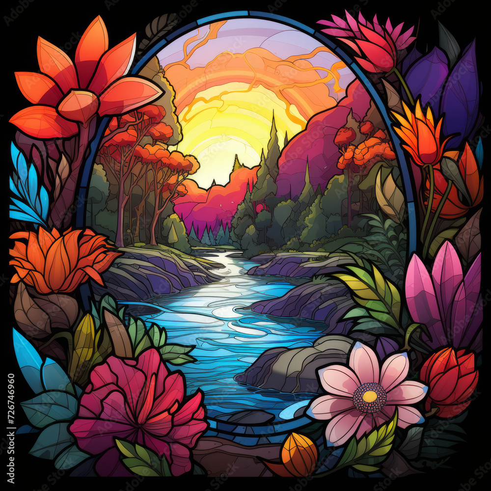 Stained Glass Style Illustration of a Scenic Sunset River Landscape