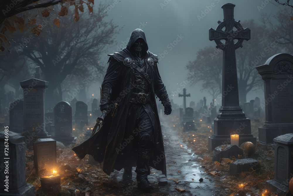 Death man warrior in cemeterry at moonlight Death man warrior in cemeterry at moonlight