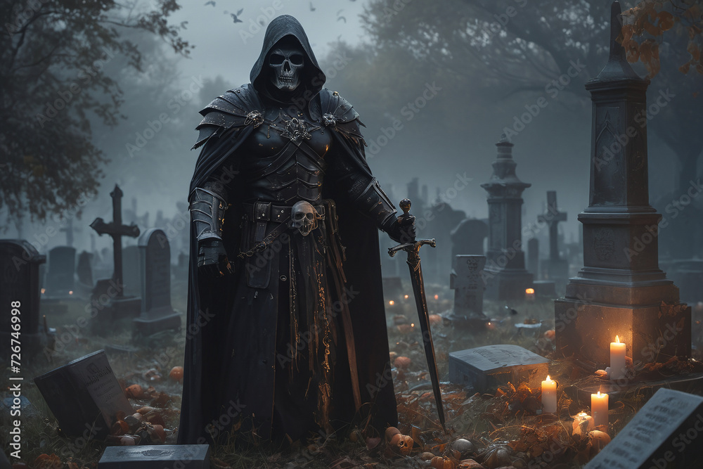 Death man warrior in cemeterry at moonlight Death man warrior in cemeterry at moonlight