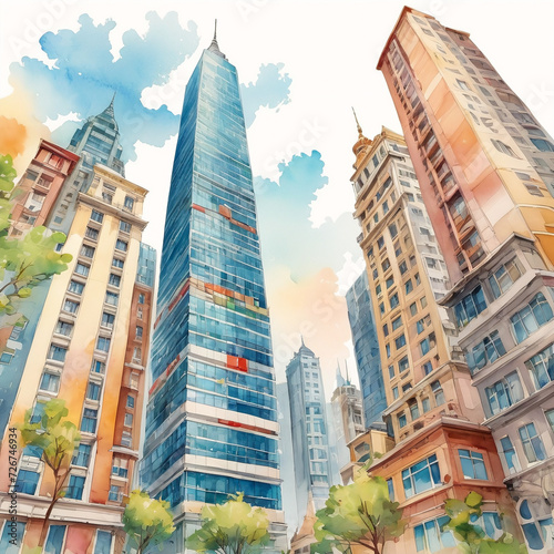 Skyscrapers in modern city colorful pwater color painted image photo