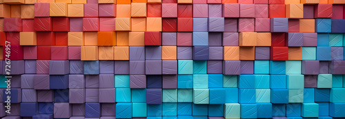 Colorful wooden blocks lined up in an aligned formation , On top of each other ,Wide format
