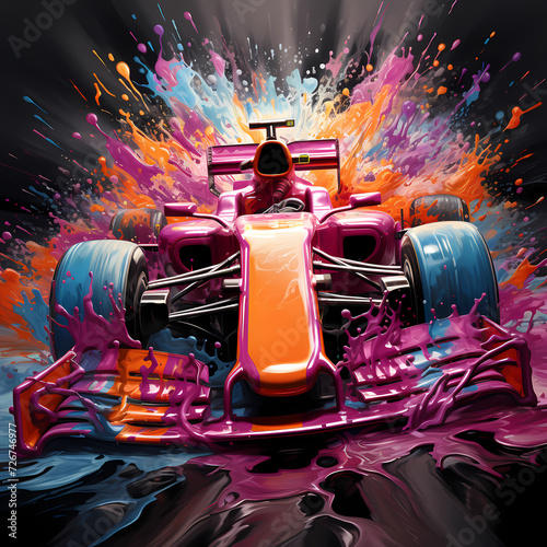 Fast formula one speed vehicle automobile, colorful splash paint illustration on white background © bravissimos