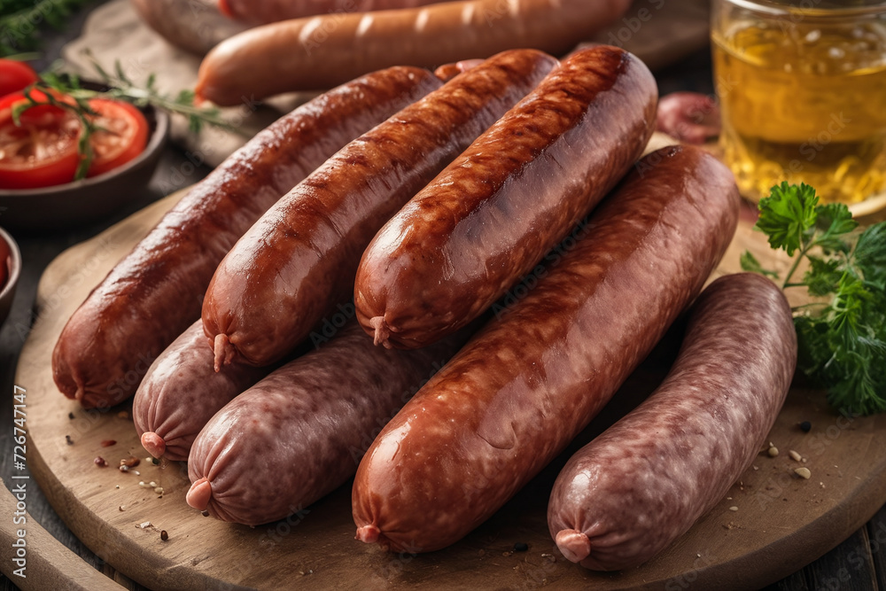 Fatty fried sausages on plate