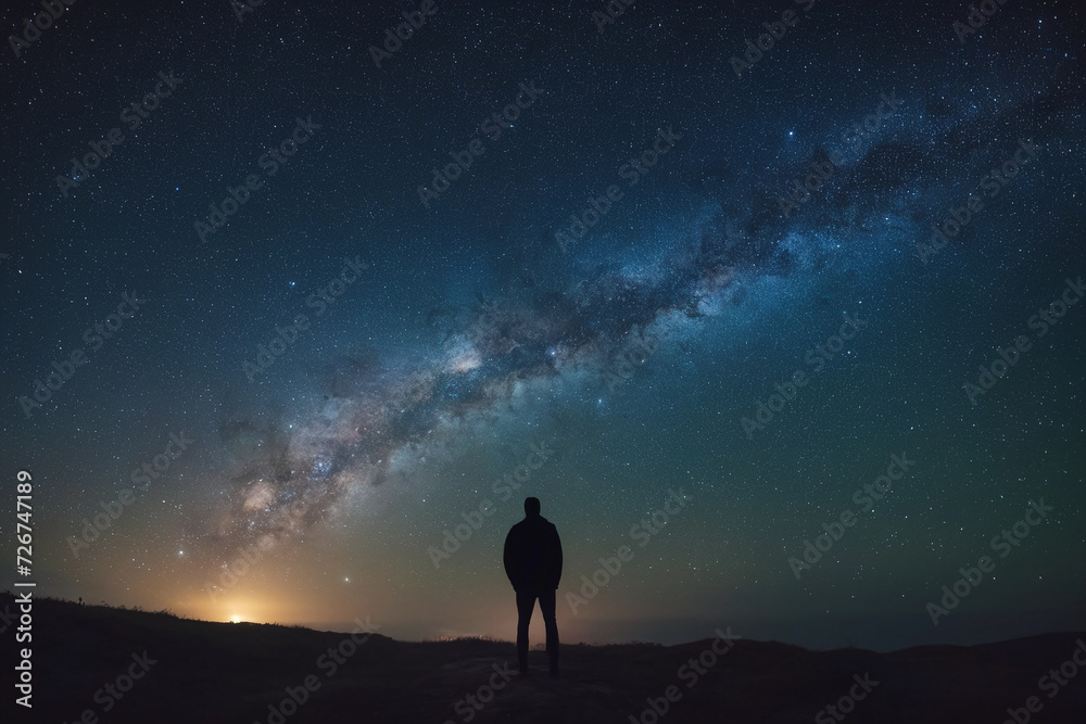 Fototapeta premium Silhouette of lonely man watching starry sky at night