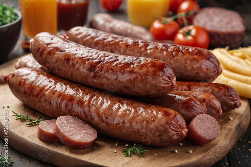 Fatty fried sausages on plate