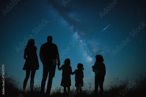 Silhouette of family watching starry sky at night