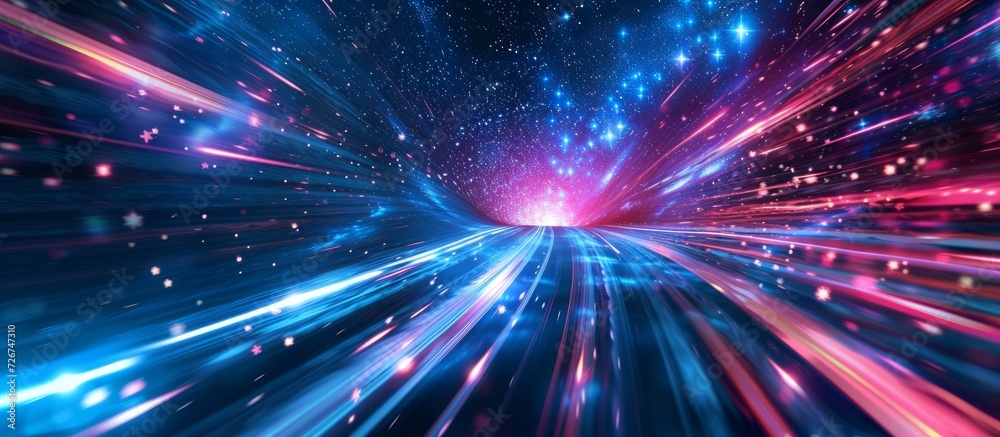 Illustration of traveling at high speeds through space among stars, with a futuristic background and rapid motion.