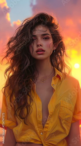 Generate a portrait of a woman with wavy hair, wearing a yellow shirt, and standing in front of a sunset