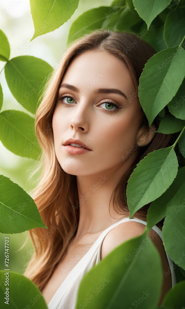 Portrait of a Young woman with her face partially framed by vibrant green foliage. Green eyes Portrait of a Young woman with her face partially framed by vibrant green foliage. Green eyes