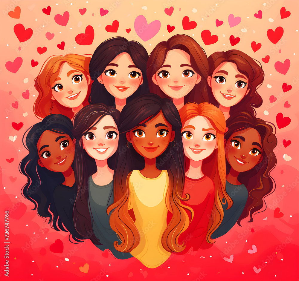 A joyful cartoon illustration celebrating International Women's Day with diverse women and girls, spreading happiness and empowerment. A joyful cartoon illustration celebrating International Women's Day with diverse women and girls, spreading happiness and empowerment.
