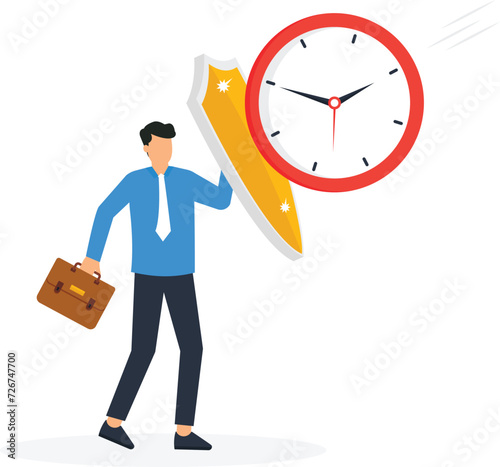 Businessman protection of himself from deadline for safety and secure from shield concept,
