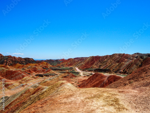 Tilted colourful rock formation in The Rainbow Mountains of China within the Zhangye Danxia Landform Geological Park
