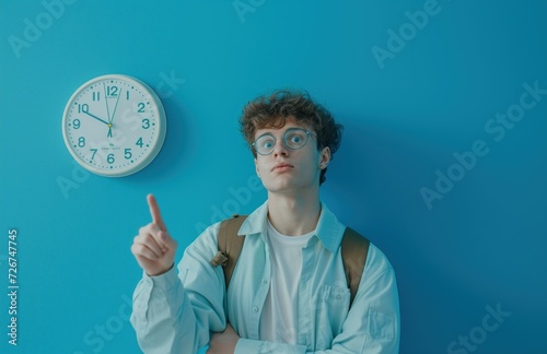 Vibrant Blue Clock Focus - Man Highlighting Time Importance