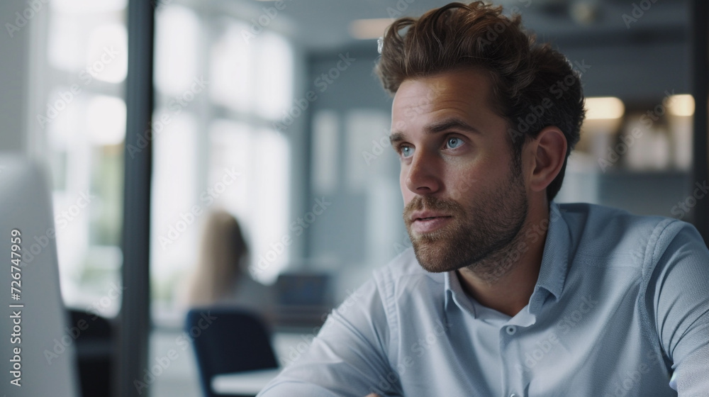 Young businessman leading a meeting, solving complex problems, making decisions. Close-up, sharp attention to detail in 32k UHD. Progressive academy style, dreamy and romantic. Research and analysis Young businessman leading a meeting, solving complex problems, making decisions. Close-up, sharp attention to detail in 32k UHD. Progressive academy style, dreamy and romantic. Research and analysis