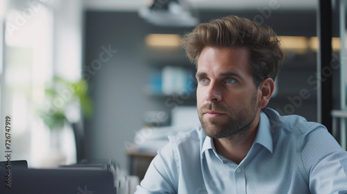 Young businessman in a close-up office meeting, solving complex problems and making decisions. Sharp attention to detail, 32k UHD, progressive academy style. Dreamy and romantic atmosphere photo