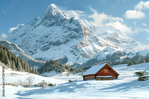 Generate a relief of a snowy mountain with a cabin in the foreground © mila103