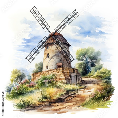 watercolor illustration old windmill summer landscape on white background