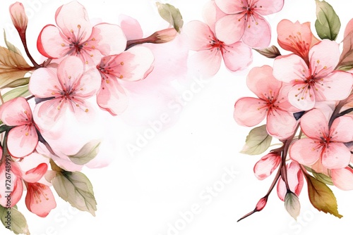 floral watercolor blossom border frame card template of beautiful pink flowers and leaves on white background