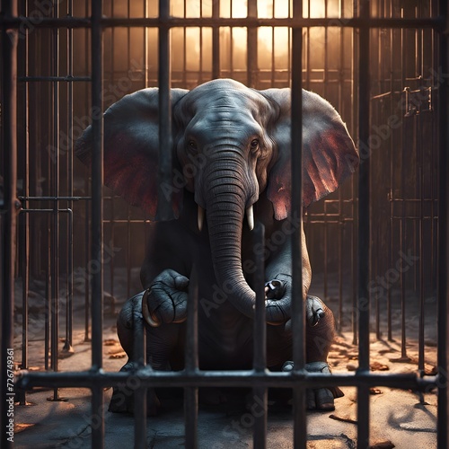 Generative AI Illustration of an Elephant sitting in a dark jail cell behind bars with an American flag hanging on the wall.