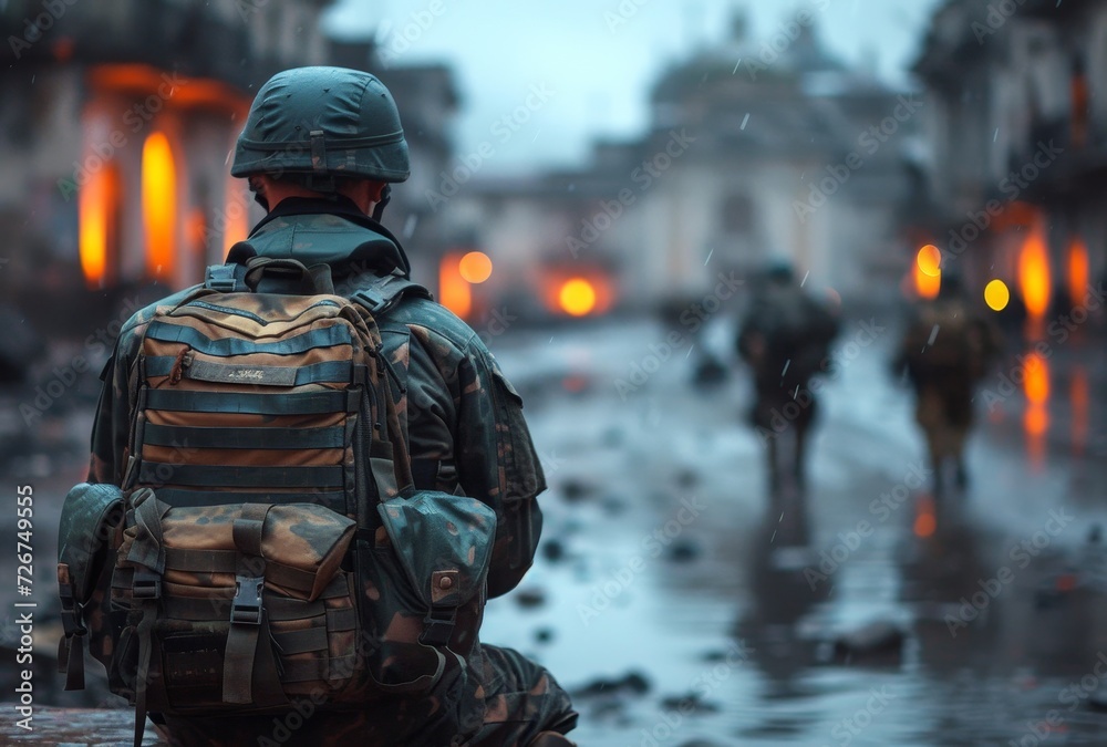A solitary soldier, drenched in the pouring rain, sits on a city street, his armor gleaming against the backdrop of towering buildings A solitary soldier, drenched in the pouring rain, sits on a city street, his armor gleaming against the backdrop of towering buildings