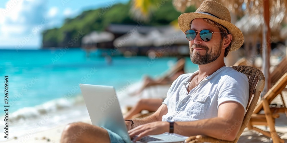 Embracing the Digital Nomad Lifestyle: A Man Balances Work and Leisure by the Serene Blue Seascape, Generative AI