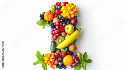 Vibrant number one made of assorted fruits and vegetables isolated on a clean white background © Ilja