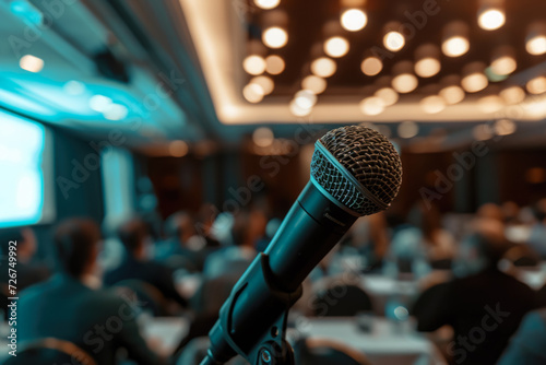 person giving a speech at a conference with a microphone and a projector