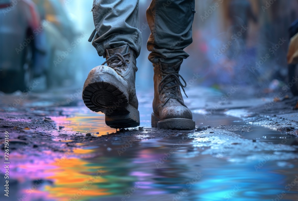 A determined individual braves the rain, their boots splashing through a puddle as they make their way through the wet and muddy ground