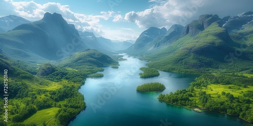 "Nature's Majesty Unveiled: A Breathtaking View of Lush Green Valleys and Serene Lake Amidst Towering Mountains, Generative AI © Ben