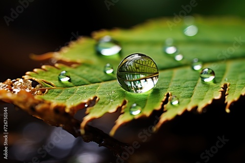 Dew Drop Reflection: Close-Up on Leaf in Forest