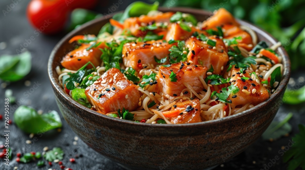 a close up of a bowl of food with noodles and meat on a table next to a tomato and green leafy garnish. a close up of a bowl of food with noodles and meat on a table next to a tomato and green leafy garnish.