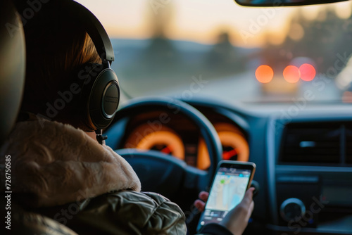 person listening to a podcast in a car with headphones and a phone