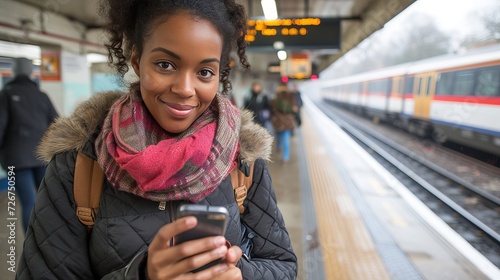 Young black woman on underground train platform using mobile phone for directions and schedules