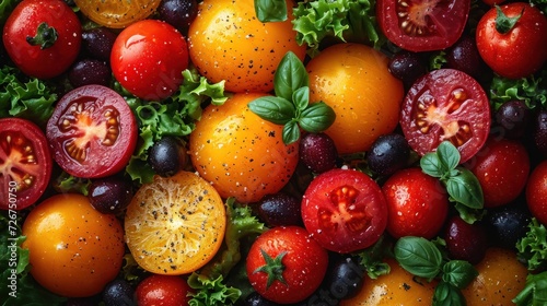  a bunch of different types of tomatoes and lettuce on a bed of lettuce and black olives.