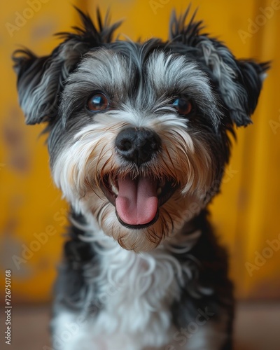 A playful toy dog, a yorkipoo schnoodle mix, gazes eagerly with its snout open, ready to be the perfect indoor companion for its owner photo