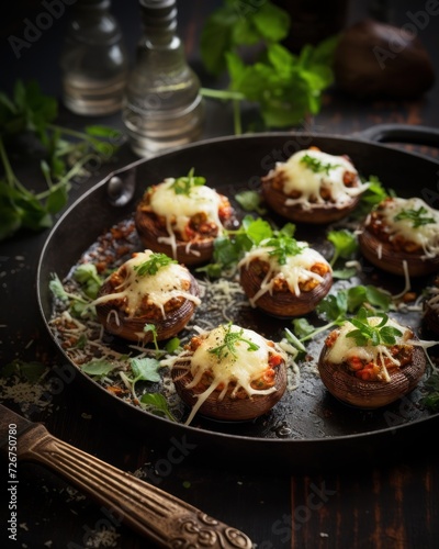  a pan filled with stuffed mushrooms covered in cheese and garnished with parmesan sprinkles.
