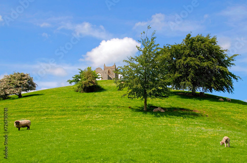 The ruins of St Michaels church on Burrow Mump is a historic site overlooking Southlake Moor in Burrowbridge Taunton Somerset, England 