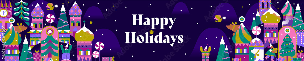 Fototapeta premium Happy holidays banner. Christmas town, snowflakes, gifts, christmas tree, bear and elfes.