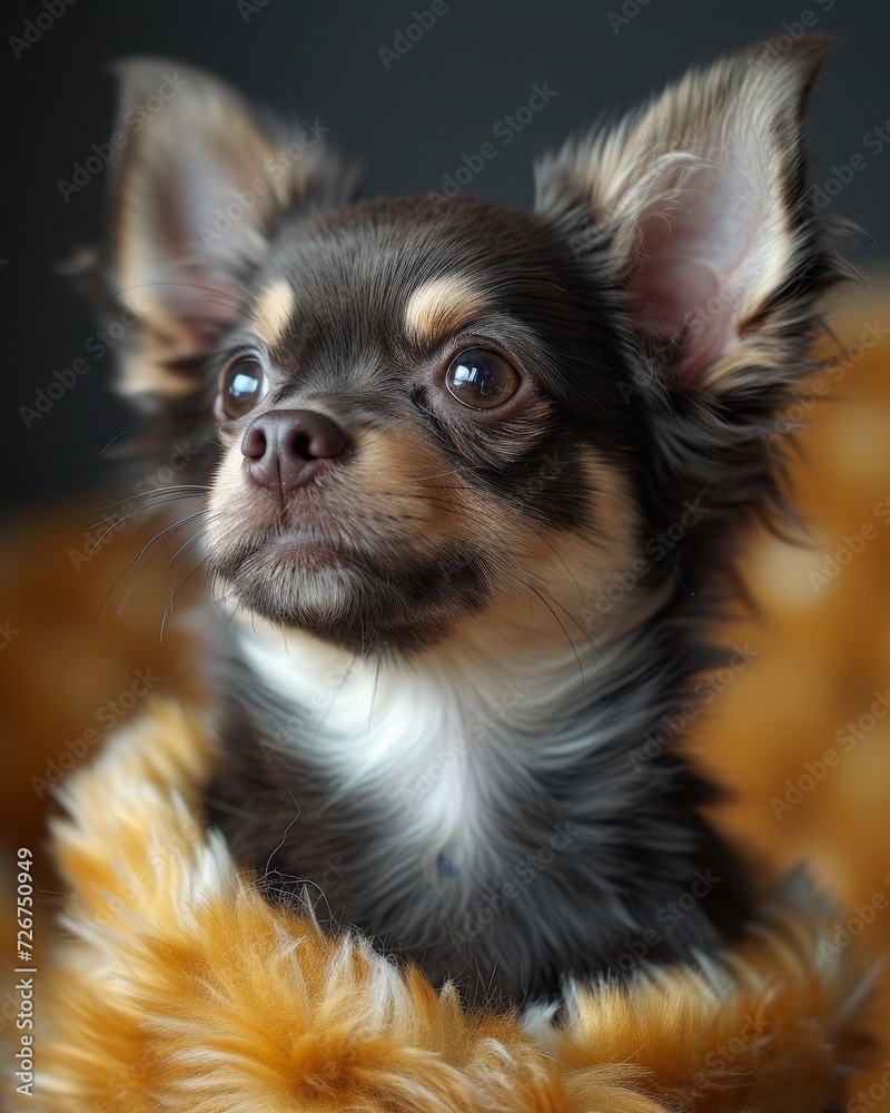 A tiny chihuahua snuggles in a cozy blanket, its soft fur blending into the warm indoor surroundings, embodying the perfect image of a beloved pet
