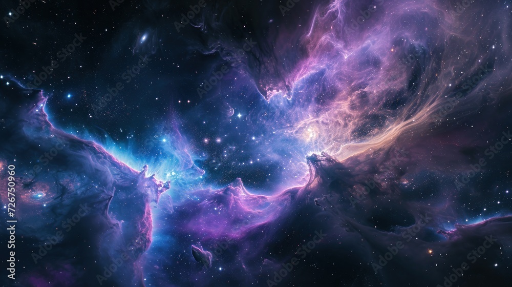  an image of a space scene with stars and a blue and purple star cluster in the middle of the image.