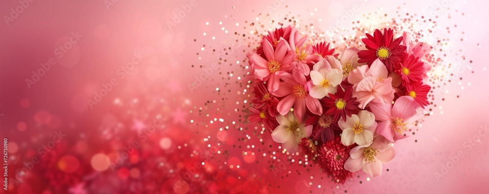 Obraz premium A heart-shaped assortment of red and pink flowers with delicate petals and golden sparkles against a soft pink gradient background