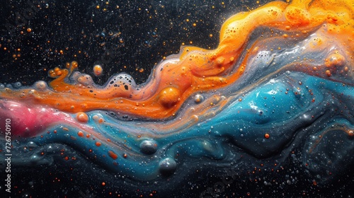  a close up of a painting of a wave of liquid on a black background with orange  yellow  and blue bubbles.