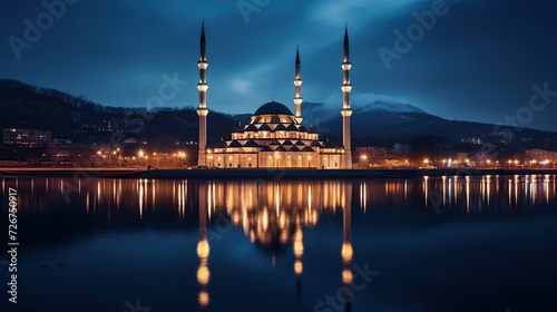 beautiful view of the mosque at night with beautiful lights