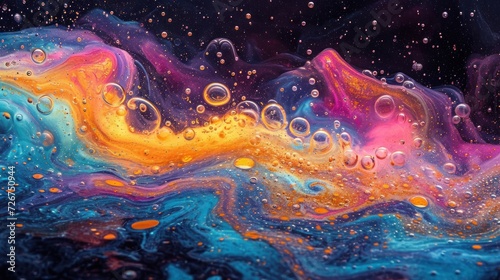  a close up of a liquid painting on a black background with blue  yellow  pink  and orange colors.