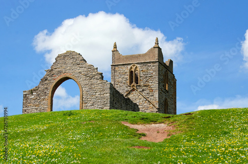 The ruins of St Michaels church on Burrow Mump is a historic site overlooking Southlake Moor in Burrowbridge Taunton Somerset, England
 photo