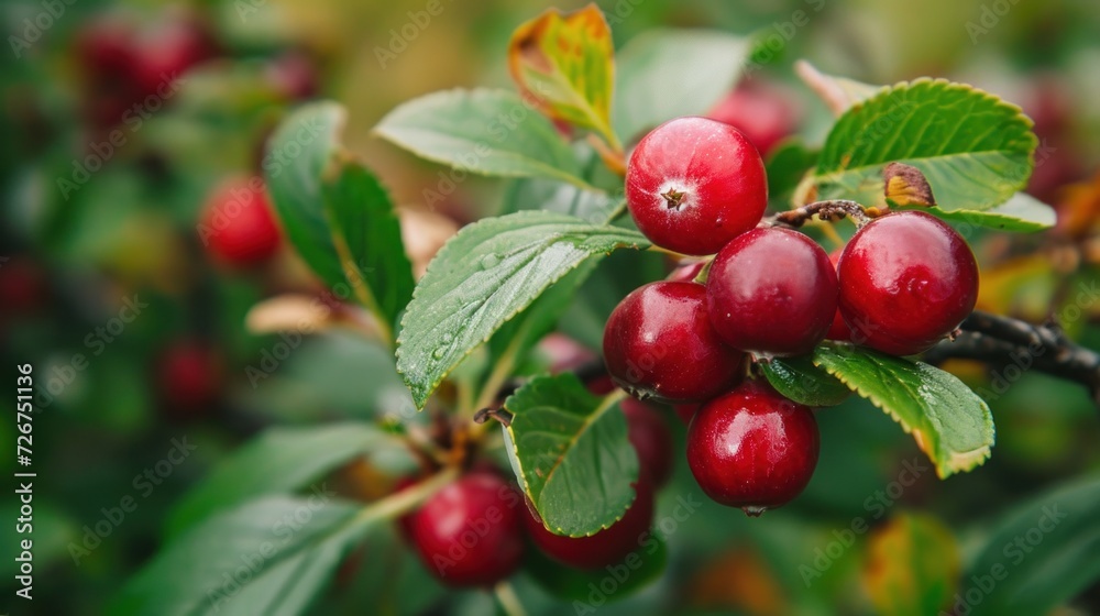 a close up of a bunch of berries on a tree branch with leaves and water droplets on it, with a blurry background of green leaves and red berries in the foreground. a close up of a bunch of berries on a tree branch with leaves and water droplets on it, with a blurry background of green leaves and red berries in the foreground.