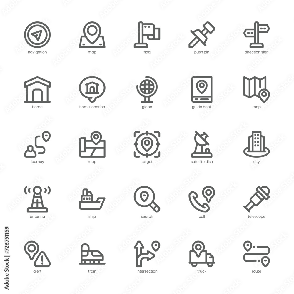 Navigation and Map icon pack for your website, mobile, presentation, and logo design. Navigation and Map icon outline design. Vector graphics illustration and editable stroke.